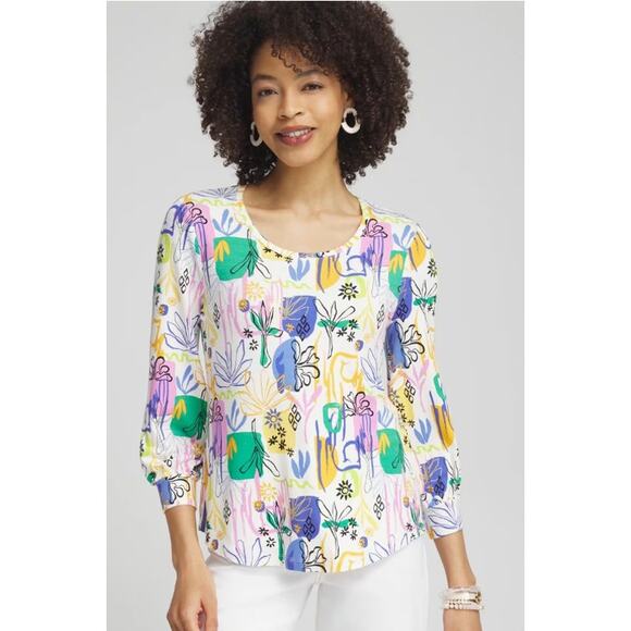 Chico's Size Medium (1) Touch of Cool Surreal Multicolor 3/4 Smock Sleeve Tee - Picture 1 of 8